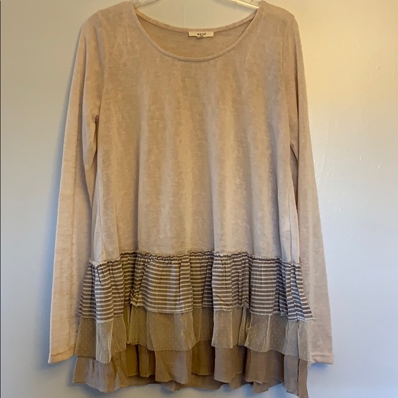 easel Sweaters - Easel - cream/brown raw ruffle sweater, L